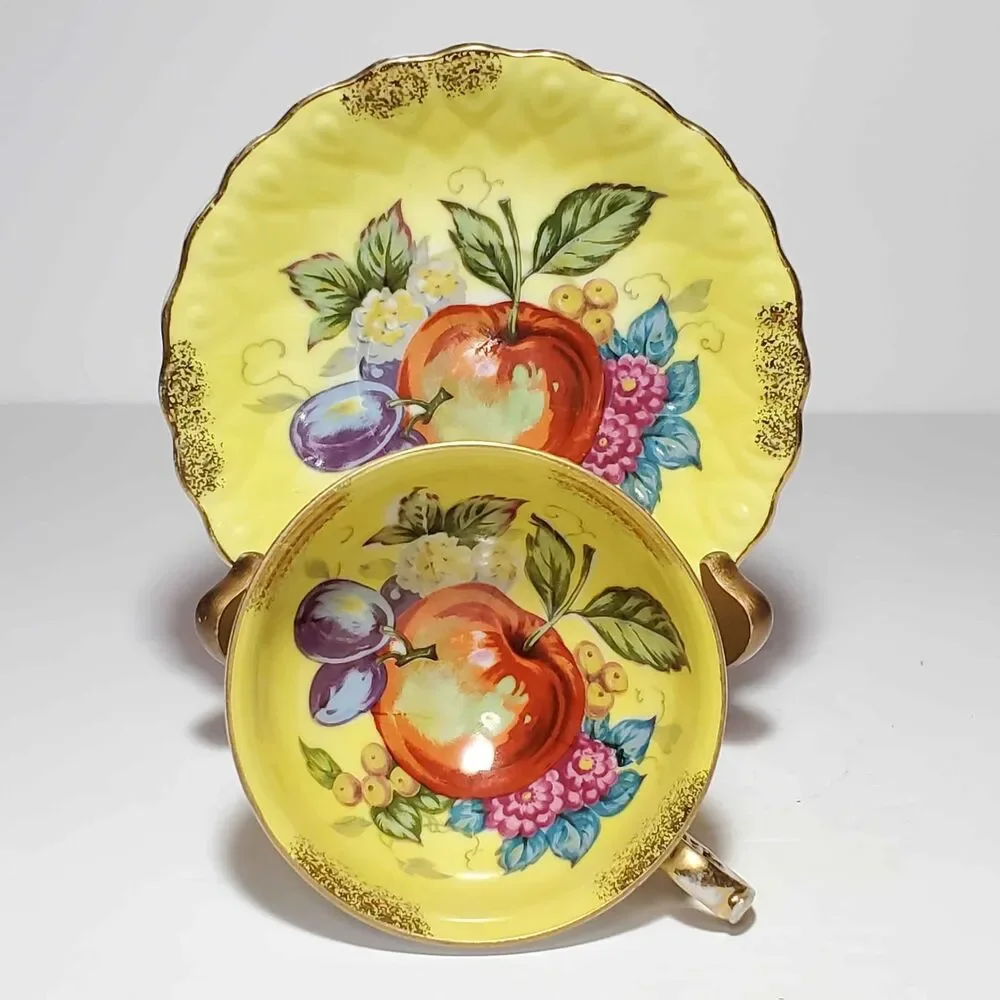 Vintage Teacup and Saucer Yellow Fruit Vintage